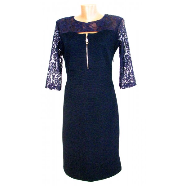 Тъмно синя дамска рокля с дантелени ръкави