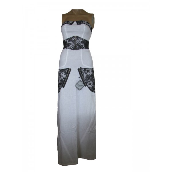 Дълга рокля БРАТАН-комбинирана с дантела и дантелен колан-бяла