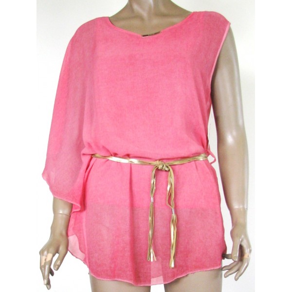 Ефирна дамска блуза с един ръкав-розова