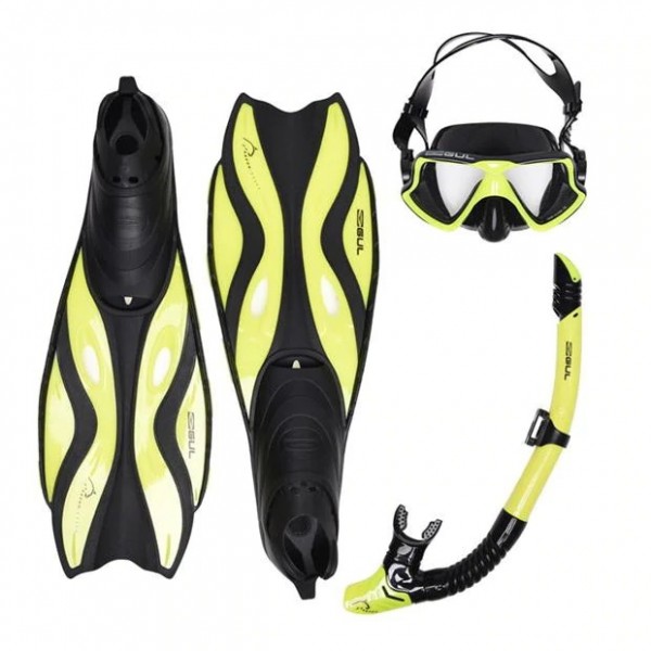 Gul Mask Snorkel And Fin Set Adults мъжки юношески плавници шнорхел и маска за гмуркане плуване под вода жълти